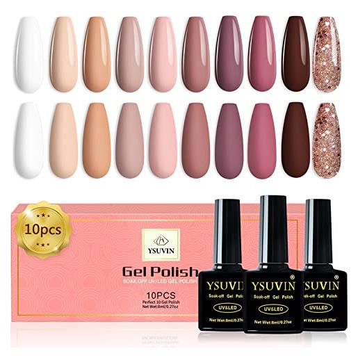 YSUVIN semipermanente unghie, 10 colori serie nude, bianco rosa nudo nero glitter champagne smalto semipermanente, soak off uv/led lampada smalto per unghie nail art gel nail polish set, 8ml