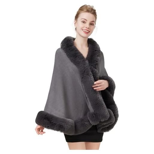 BEAUTELICATE donna poncho mantella maglia invernale stola scialle in pelliccia sintetica coprispalle bolero elegante per sposa matrimonio festa, grigio