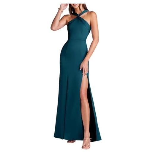 SAYNO abito da damigella d'onore in raso con allacciatura al collo per le donne increspato sirena formale abiti da sera con spacco taglie forti, foglia di t, 38