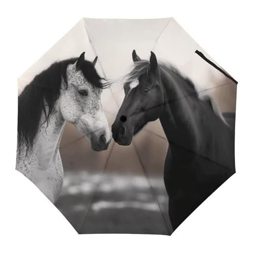 Rkklvbns ombrello da viaggio con cavalli bianchi e neri, grande ombrello antivento da viaggio, apertura automatica, ombrello pieghevole portatile durevole con impugnatura premium per uomini e donne