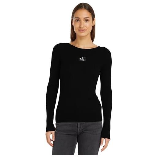 Calvin Klein jeans donna maglietta maniche lunghe woven label tight sweater senza cappuccio, nero (ck black), m
