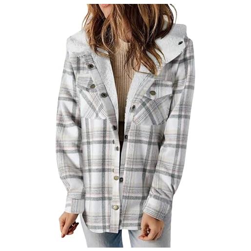 Generic hivebabe - camicia da donna foderata in pile di flanella, a maniche lunghe, con bottoni, con cappuccio, cappotto caldo, bianco, l
