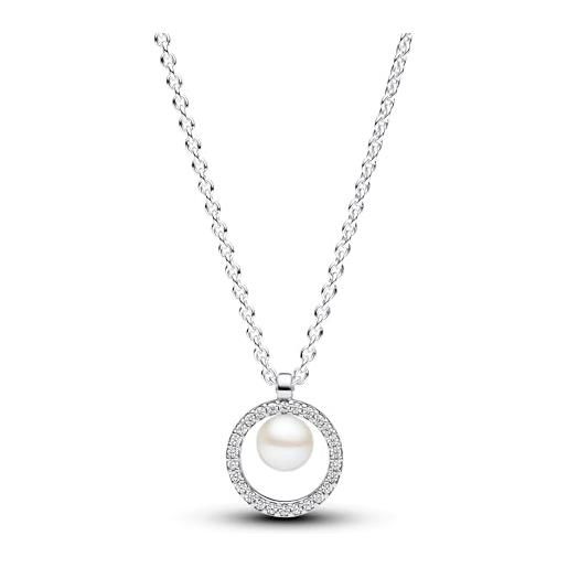 PANDORA timeless collier in argento sterling con perla coltivata d'acqua dolce trattata bianca e zirconi cubici trasparenti, collier