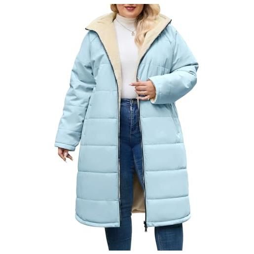 CMTOP cappotto donna invernale taglie forti lungo, foderati in pile caldo giubbotto antivento parka elegante classico giacca imbottito giaccone con cappuccio, cerniera e tasche(blu, xxl)