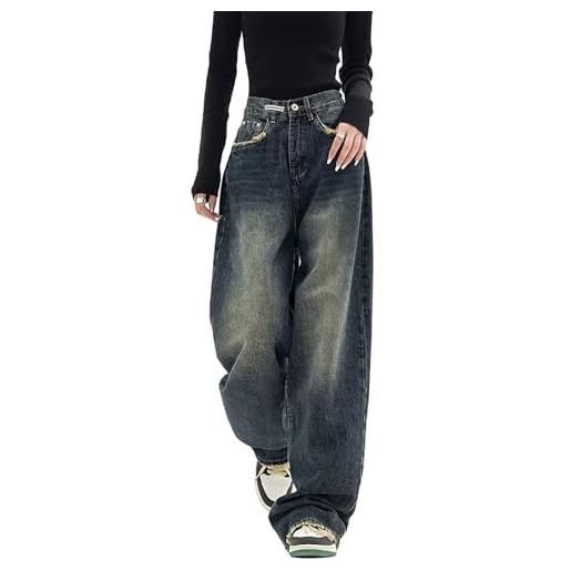 MASUCOR jeans da donna blu scuro con gambe larghe eleganza senza tempo vestibilità comoda jeans eleganti moda denim classica must-have jeans versatili jeans larghi da donna a vita alta stile y2k(size: l)