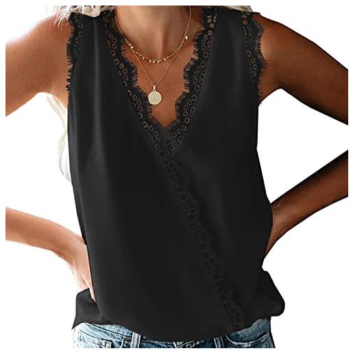 JXXYWYZ canotta da donna senza maniche con scollo a v in pizzo solido casual da donna top da donna cami canotte camicie senza maniche larghe casual camicetta in chiffon incrociato in pizzo solido da donna