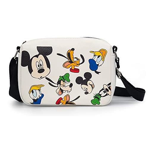 Buckle-Down borsa disney, cross body, rettangolo, disney mickey and friends fab four expressions all over, bianco, pelle vegana, topolino e amici