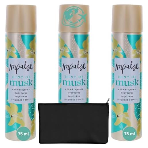 Wishesla impulse body spray da donna, profumo di muschio, 75 ml, confezione da 3 deodoranti spray e sacchetti cosmetici neri per articoli da toeletta (confezione da 3 note di muschio)
