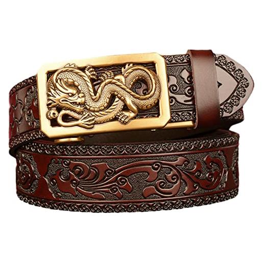 OBASDFD cintura da uomo in pelle con cricchetto, fibbia automatica in oro con drago, stampa floreale intagliata da cowboy western, cinturino marrone(dragon-a, 120cm/47)