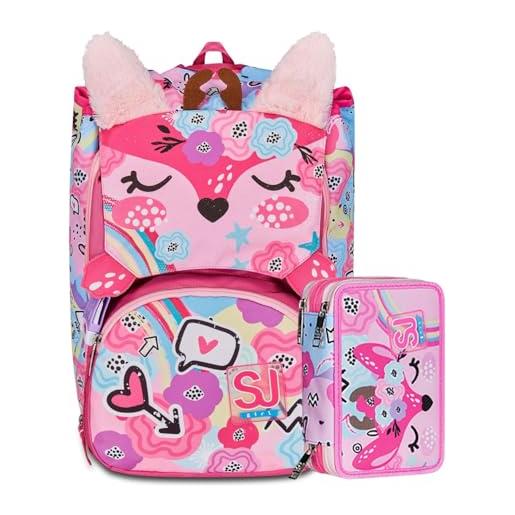 Clondo schoolpack zaino scuola estensibile orecchie sollevabili con astuccio 3 scomparti, per seven sj gang pinkhugs fan, bambini e ragazzi, multizip, pennarelli, pastelli, accessori, bambina