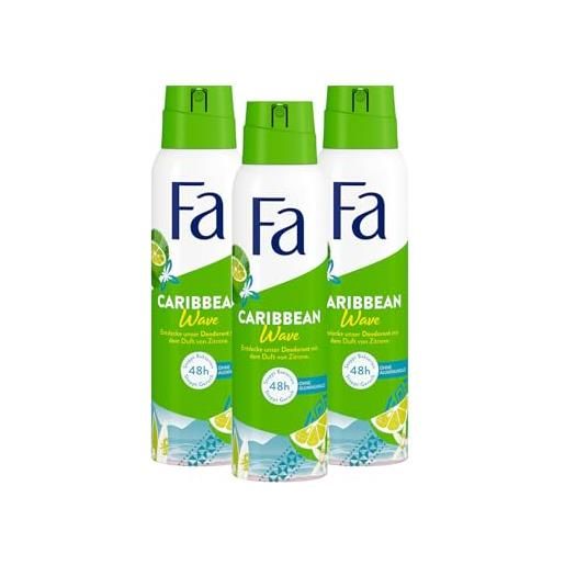 Fa deodorante spray caribbean wave (3 x 150 ml), deodorante con il profumo esotico fresco del limone, deodorante senza alluminio per una protezione fino a 48 ore, non lascia residui di deodorante sui