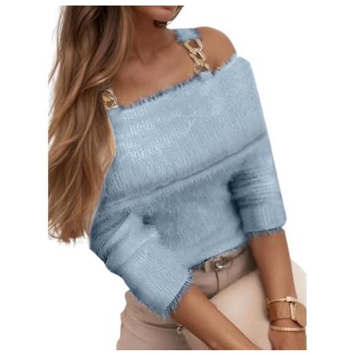 DSAoTeng - maglione da donna, spalle scoperte, in morbido tessuto a maglia, maniche lunghe, stile casual y2k, caldo e soffice, con scollo a barchetta, tunica, top per autunno e primavera, blu, s