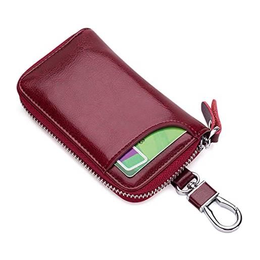 PORRASSO astuccio portachiavi vera pelle auto del sacchetto portachiavi portatile sacchetto chiave key case con 6 gancio per uomo donna vino rosso
