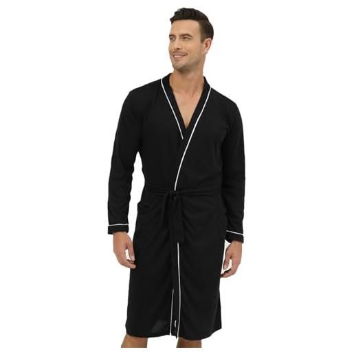 QIYUANT vestaglia leggero per uomo estate accappatoio con tasche miscela di cotone colletto sagomato kimono pigiama camicia da notte manica lunga abbigliamento da notte casa hotel spa (nero, l)