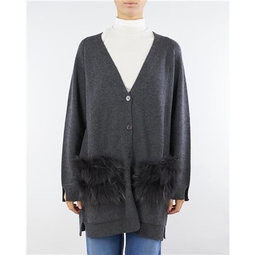VANISE' cardigan antracite in pura lana e cashmere con inserti in vera pelliccia