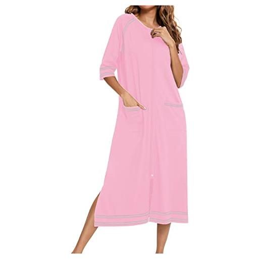 Generico camicia da notte donna cotone lungo camicie da notte manica 3/4 pigiama invernale elegante morbida e leggera vestito da notte abbigliamentoda casa casual