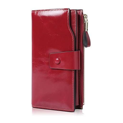 Demon&Hunter portafoglio da donna in vera pelle con blocco rfid di grande capacità, di lusso, conciato all'olio, tasca con cerniera carminio dza2083j