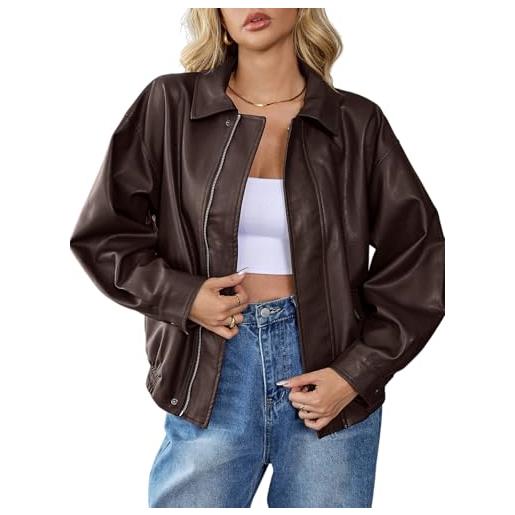 HOUZONIY giacca in pelle da donna, oversize, in similpelle, alla moda, per autunno e inverno, a maniche lunghe, con zip, caffè scuro, l