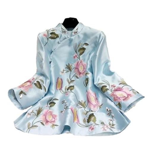 Sparctwer cappotti ricamati classici cinesi - cappotti ricamati tradizionali cinesi giacca abbottonata con abbottonatura inclinata per donna 4xl top hanfu femminili larghi, blu, 4xl