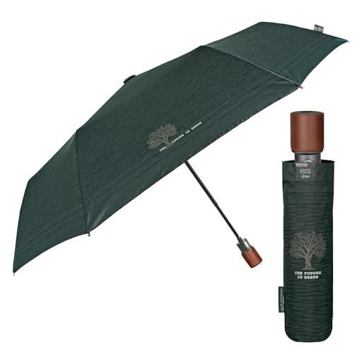 PERLETTI ombrello pieghevole uomo tessuto riciclato - ombrello antivento pioggia automatico ecologico resistente viaggio - ombrello mini portatile con manico in legno - diametro 96 cm (rigato verde)