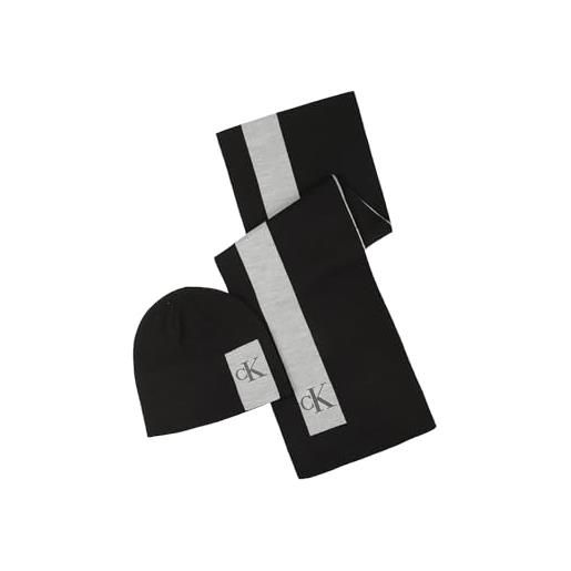 Calvin Klein men's cuff hat and scarf gift set berretto beanie, nero a righe, taglia unica uomo
