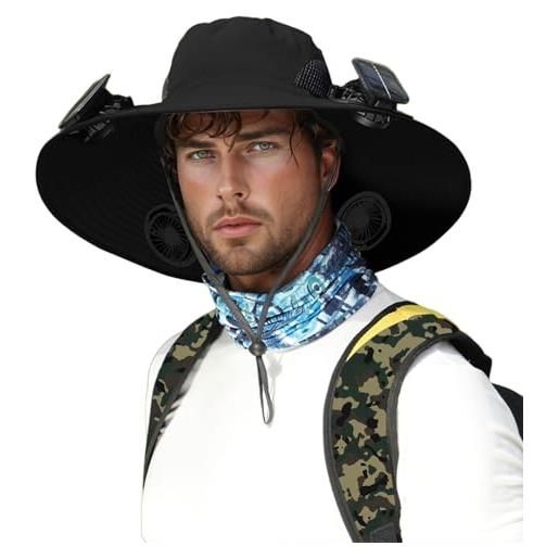 Generisch cappello da pescatore da uomo, cappello da pescatore, cappello da sole da trekking, cappello da safari, con ventilatore solare, protezione uv upf 50+, estivo, grande tesa larga, pieghevole
