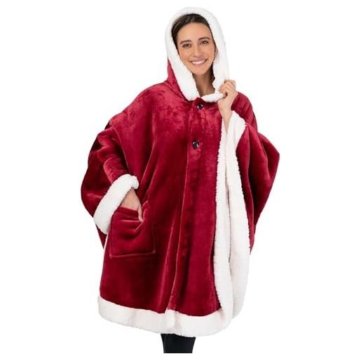 PAVILIA coperta indossabile per donne adulte, comoda coperta in pile con cappuccio, scialle super morbida, coperta avvolgente con angelo, per ufficio, rosso vino