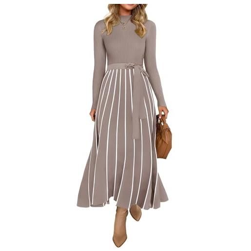 ZESICA abito da donna 2024 a collo alto a maniche lunghe, con laccetto in vita, casual, a costine, vestibilità ampia, linea a trapezio, midi, cachi, s