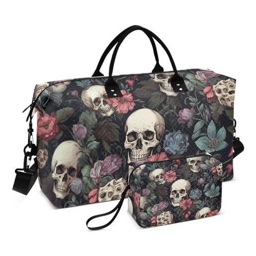 Borsone Da Viaggio Con Teschio E Fiori | 52x20x35 Cm | 100% Poliestere | Borsa Da Palestra, Sport, Weekend | Tracolla Staccabile | Include Borsa Beauty 23x9x15 Cm | Leggero E Resistente