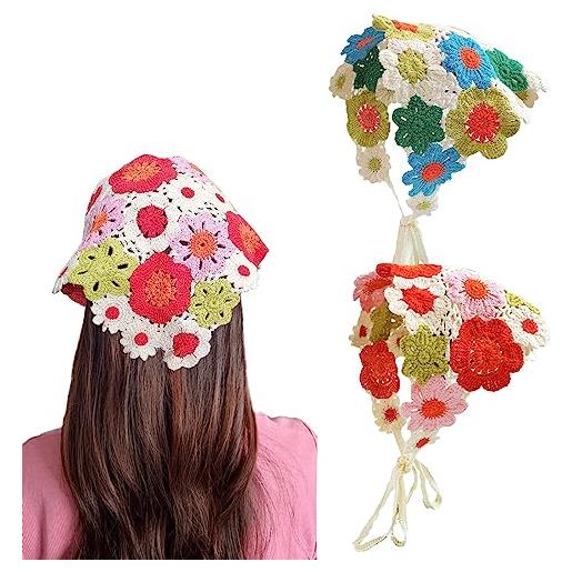 Kunyeah bandana per capelli all'uncinetto, 2 pezzi, motivo floreale, stile bohémien, vintage, fatto a mano, per ragazze e donne, rosso/blu. , 1 count (pack of 1)