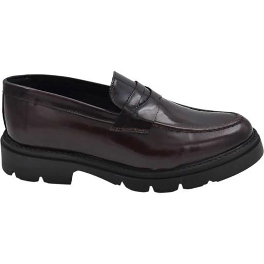 LUISANTIAGO scarpe uomo mocassino con bendina bordeaux spazzolato in vera pelle abrasivato business fondo gomma roccia alto