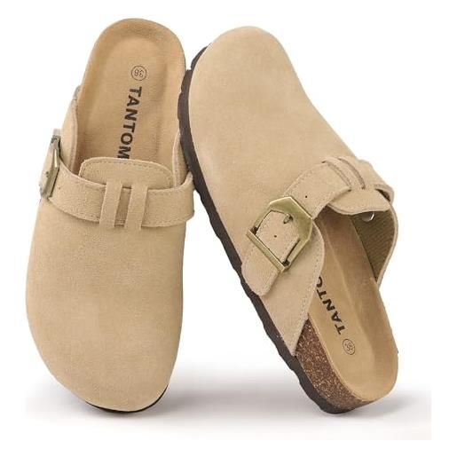 TANTOMI zoccoli unisex in pelle scamosciata, antiscivolo per uomo e donna, con supporto per l'arco del piede, scarpe da giardino da donna con plantare in morbido sughero, taglia 36-42 eu, cachi, 40 eu