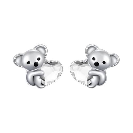 KQ&TTENG koala - orecchini da ragazza, in argento sterling 925, con pietra portafortuna, ipoallergenici, per compleanno, regalo di natale, argento sterling, quarzo bianco