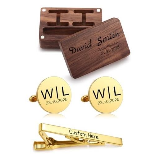 Munkimix set di gemelli e fermacravatta con iniziali personalizzate con scatola di legno incisa set di gemelli da matrimonio in argento/oro personalizzati per marito testimone padre -c2