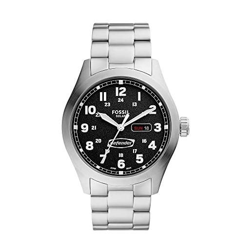 Fossil orologio defender da uomo, data a tre lancette a energia solare con cinturino in acciaio inossidabile o in pelle, 46 mm, nero e argento