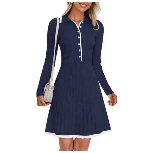MEROKEETY abito da donna in maglia a maniche lunghe con scollo a v 2024 mini abiti a pieghe in maglia a costine con bottoni autunn, navy, l