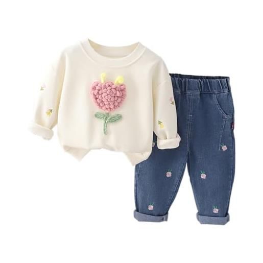 Verve Jelly vestiti per bambini per bambina completi per neonata carina camicia floreale a maniche lunghe con volant e pantaloni in denim set autunno inverno beige 110 3-4 anni