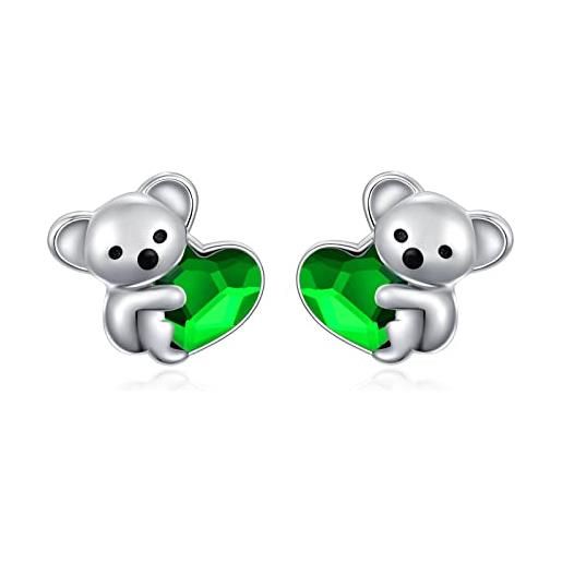 KQ&TTENG koala - orecchini da ragazza, in argento sterling 925, con pietra portafortuna, ipoallergenici, per compleanno, regalo di natale, smeraldo