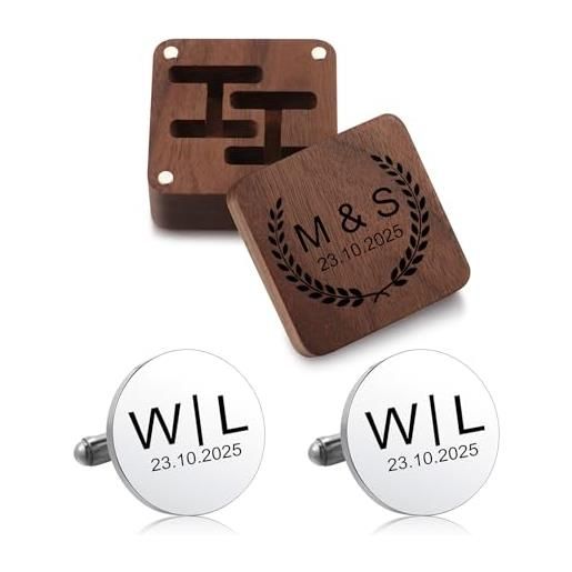 Munkimix set di gemelli e fermacravatta con iniziali personalizzate con scatola di legno incisa set di gemelli da matrimonio in argento/oro personalizzati per marito testimone padre -b1