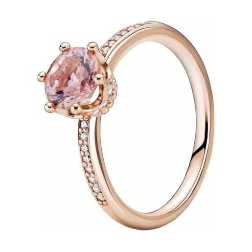 PANDORA signature anello con corona rosa brillante placcato in oro rosa 14 carati con cristallo rosa cipria e zirconi cubici trasparenti, 56