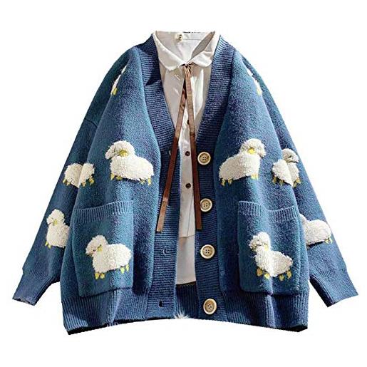 Oilmal cardigan invernale, donne a manica lunga cardigan cartone animato stampa di pecora a pecora singolo magione per maglione a v-scollo a v-scollo con tasca blu blu
