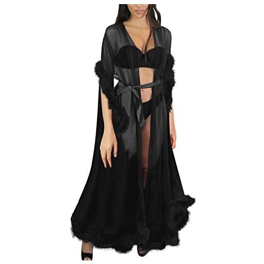 Generisch abito sexy in tulle lungo, camicia da notte, accappatoio da notte, piuma, abito da sposa, lingerie, nero , taglia unica