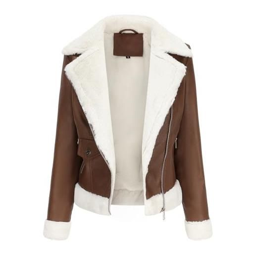 DLLDLGG giacca in pelle di montone marrone da aviatore da donna, parka invernale con maniche lunghe e rifiniture in pelliccia
