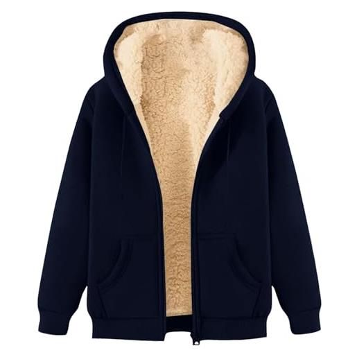 Generico giubbotto donna invernale - giacca pile con zip e cappuccio oversize tempo libero felpa giacche da casa giubbotti caldo con tasche fleece warm cappotto outdoor donna giacca, blu navy l