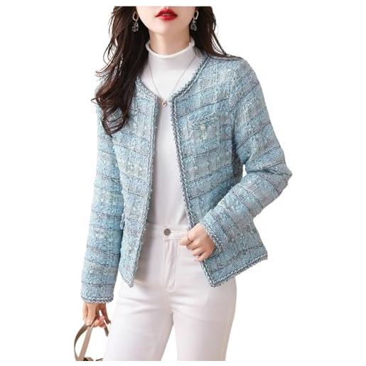 Suncadmious cardigan elegante da donna in tweed giacca da lavoro casual da ufficio cardigan corto top giacca da abito da lavoro casual abbottonata senza colletto sottile (blu, xl)