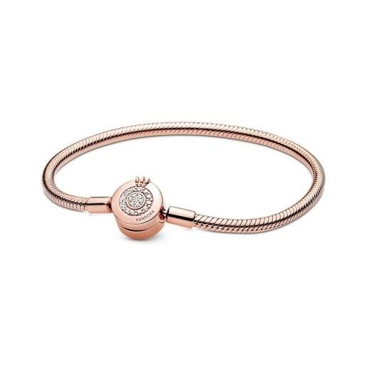 PANDORA signature bracciale con corona brillante in maglia snake placcato in oro rosa 14 carati con zirconi cubici trasparenti, 23