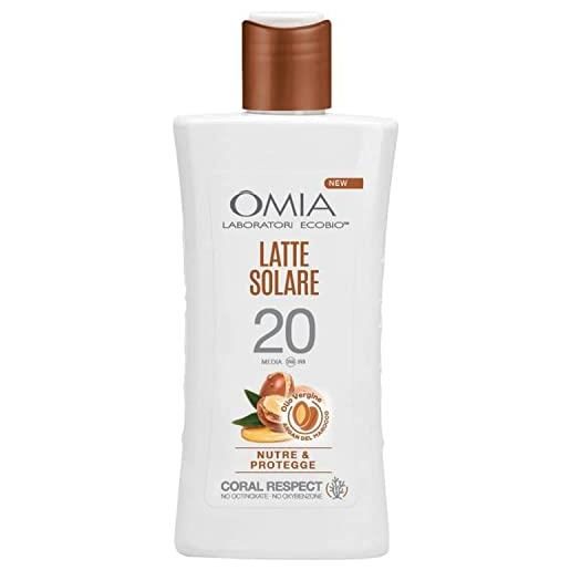 Omia, latte solare protettivo nutre sp20 viso e corpo protegge con olio di argan del spf marocco 20, protezione solare bassa, dermatologicamente testato, flacone da 200 ml
