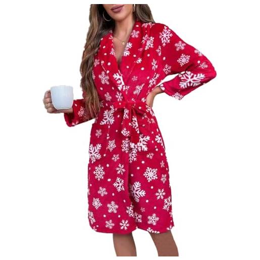 MKLQLS vestaglia da donna in flanella natalizia, invernale, calda e soffice, lunga per feste di natale, kimono con stampa di neve, morbida accappatoio da notte di lusso, rossa m