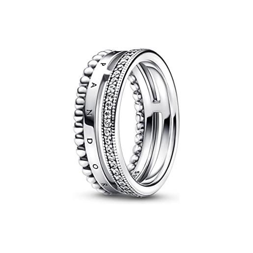 PANDORA signature anello con logo con pavé e perline in argento sterling con zirconia cubica trasparente, 50
