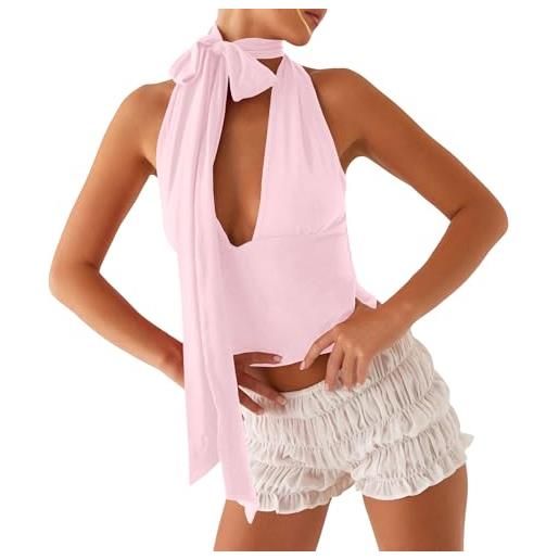 KIGRAD donne y2k sexy scollo a v profondo crop halter top con sciarpa lunga coquette self bow tie up open back tank cami, rosa, s